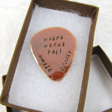Personalized Copper Guitar Pick, Flame Oxide Finish Copper, Where Words Fail Music Speaks