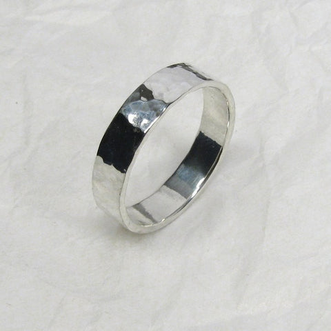 Pure silver rustic style promise ring 5 mm wide 1.25 mm thick for wedding bands, couples rings, everyday wear
